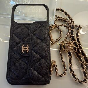 Chic CC Black Quilted iPhone 17 Pro Max Case with Gold Chain & Card Holder
